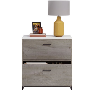 Unité latérale à deux tiroirs brun, finition chêne, accents gris, structure, idéal pour classer les finitions de décor de bureau personnel, tiroirs, cadre, utilisation