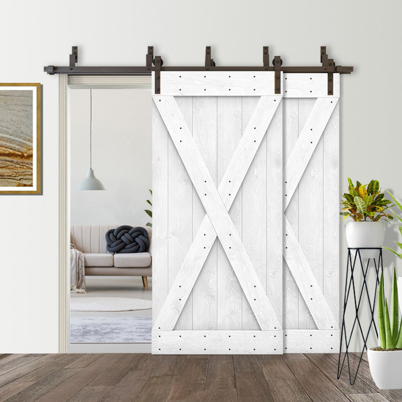 Porte de grange double à panneaux en bois teinté à panneau avec ensemble de quincaillerie coulissante, Blanc, 56 po x 84 po