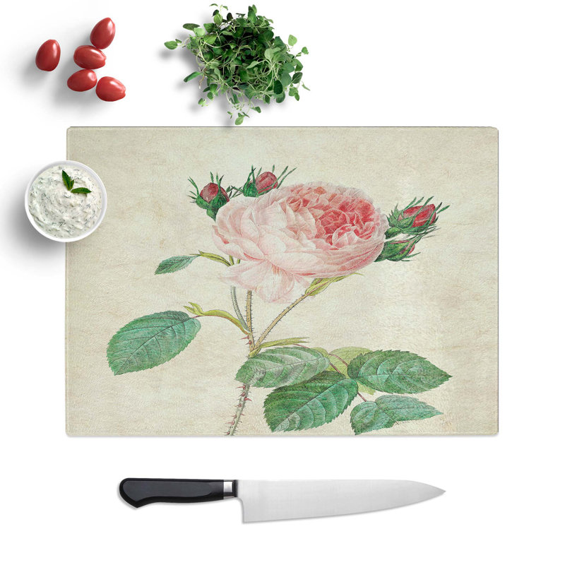 Tempered Glass Cabbage Rose Chopping Board, 39 cm W x 28.5 cm L