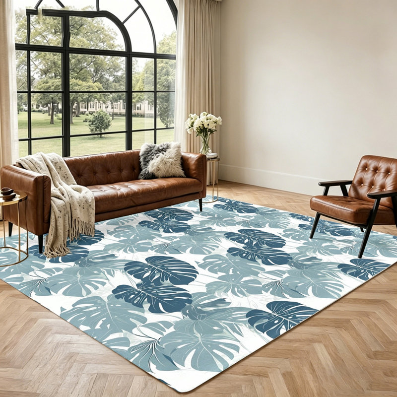 Tropical Leaf Print Area Rug, Monstera Pattern Floor Mat, Non-Slip Washable Indoor, Home Decor Accent for Living Room, Bedroom, Entryway