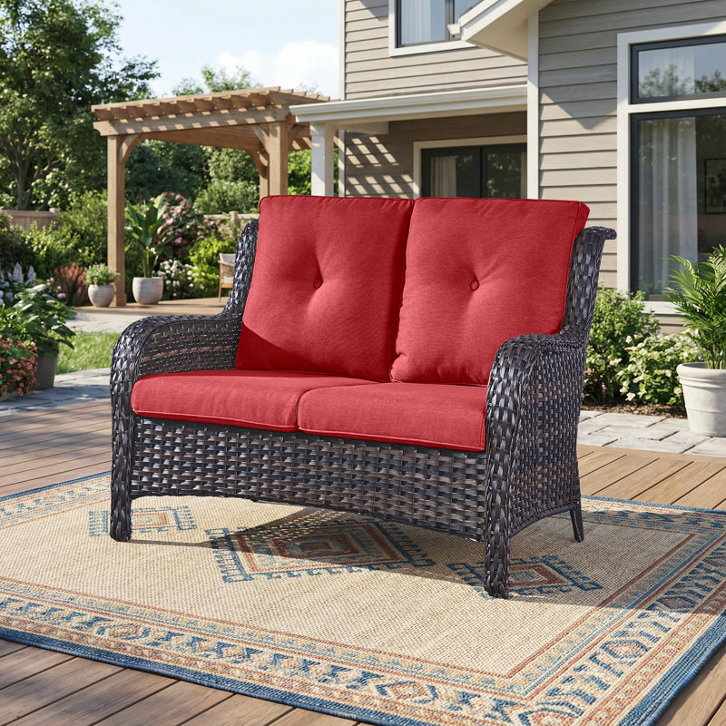 Ambarvale 53'' Wide Straight Wicker Loveseat with Cushions, Brown, Red