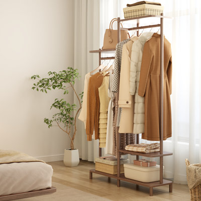 Portant à vêtements en bois massif avec barres de suspension doubles et tablettes de rangement, support à vêtements autoportant pour chambre à coucher et vestibule