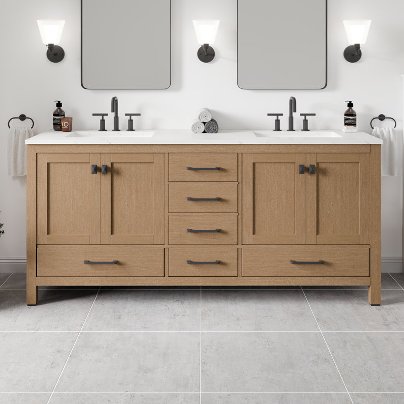 Meuble-lavabo double Aberdeen en chêne de 78 po avec comptoir en quartz de Carrare et lavabos encastrés en porcelaine, Oak