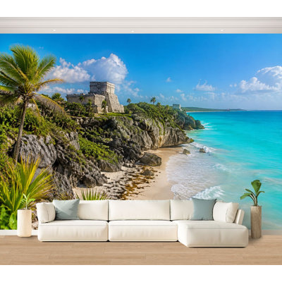Wall Mural Peel and Stick Wallpaper Mayan Ruins Tulum Mexico Beach Self-Adhesive Removable Contact Paper Wall Decor for Living Room Bedroom 100"H x 144"W