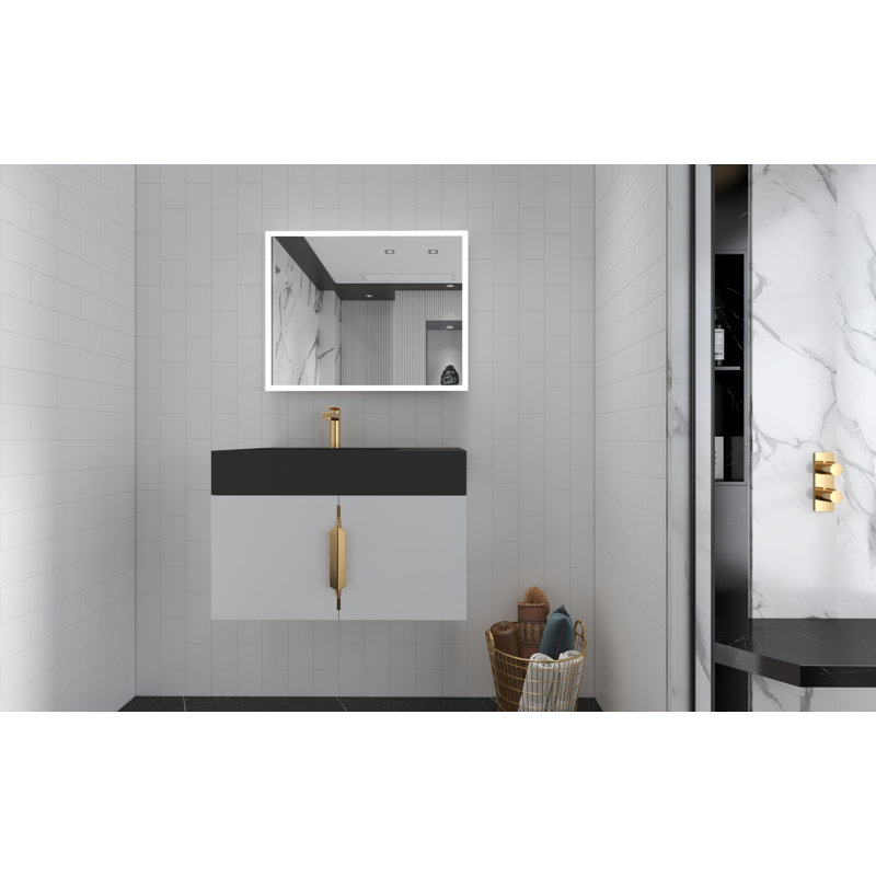 Amazon 30'' Wall Mounted Single Bathroom Vanity with Solid Surface Top, Black, White, Gold