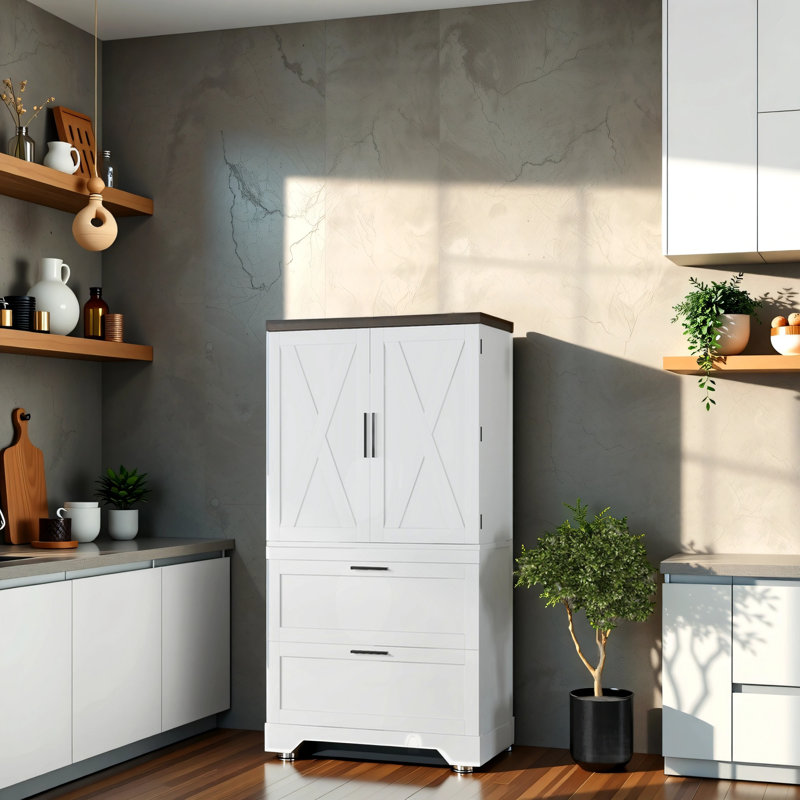 Armoire en bois de style campagne moderne avec cadre robuste, cloison de rangement à l'intérieur avec tiroirs, Blanc