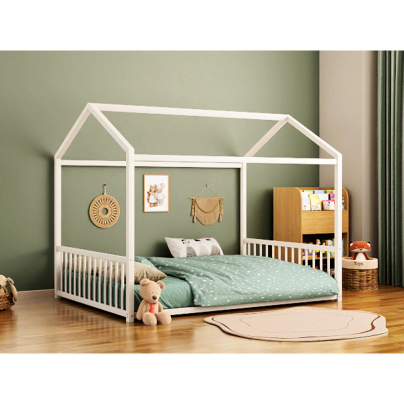 Metal Floor Bed Frame With House Shaped Design And Safety Guardrails, White