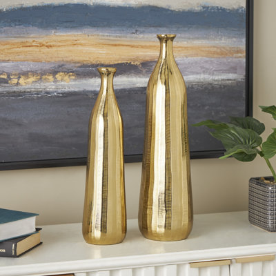 Ingetrud Aluminum Metal Decorative Silver Vase with Wavy Accents and Textured Ridges Set