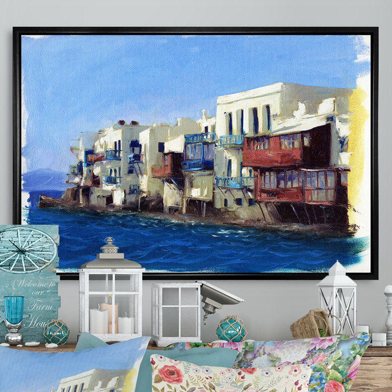 «Arab House On Méditerranée Ocean», reproduction sur toile flottante, H 24 po x l 36 po x P 1 po, Cadre flottant noir