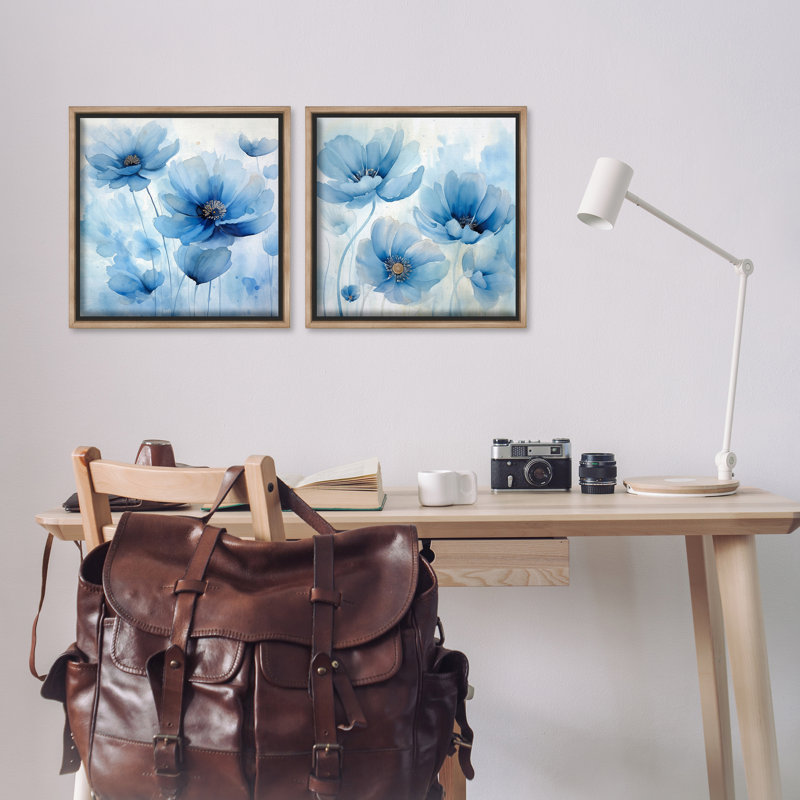  Ensemble de 2 toiles flottantes saturées "Blue Blossoms" par Irena Orlov, Cadre flottant orme Montalcino, H 18 po x l 18 po