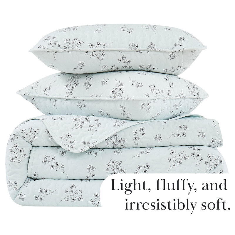 Sweet Florals Collection Microfiber Quilt Set, Blue, Twin Quilt + 1 Standard Sham