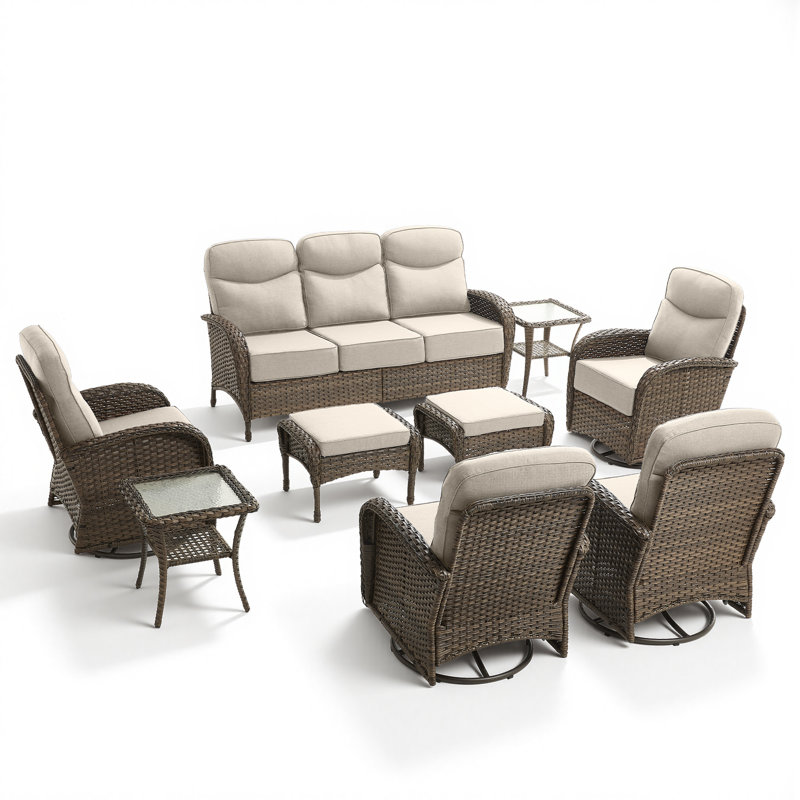 9 PCS Patio Furniture Set Outdoor Sectional Sofa Couch With Rocking Swivel Chairs 6" Deep Seat Chairs, Modern Wicker Rattan Conversation Set