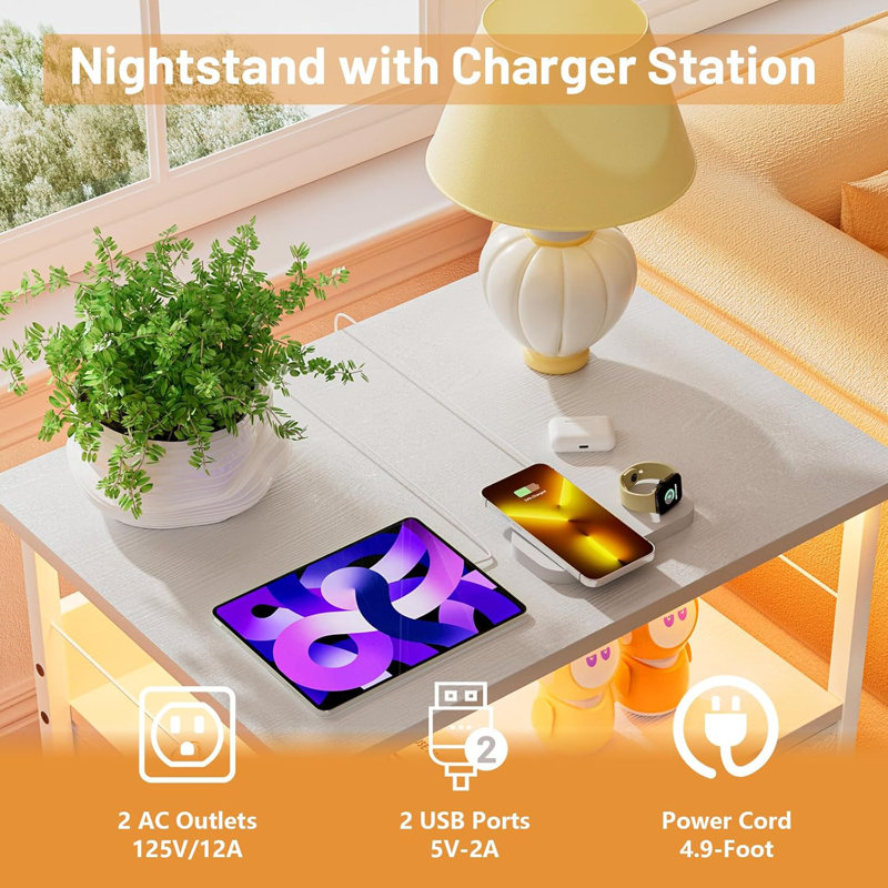LED Nightstand With Charging Station, 2 Drawers And Open Shelves, Metal Frame And Wood Shelf, Multi-Functional Bedside Table For Bedroom, Living Room, Dorm