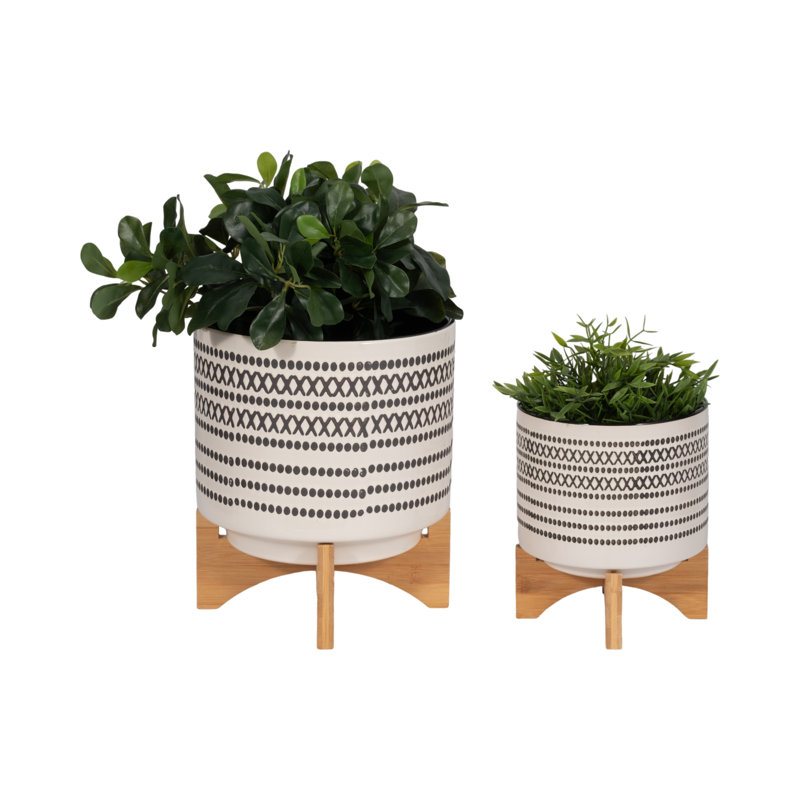Ceramic and Stoneware Planters with Bamboo Stands - Set of 2, 12" H x 10" W x 10" D, Gray, 2