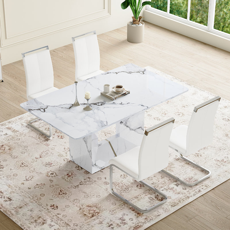 Ensemble de cuisine et salle à manger Modern, table de salle à manger en marbre avec chaises rembourrées, Blanc