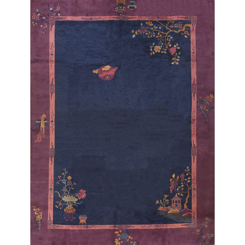 Antique Art Deco Room Size Wool Fuschia, Navy Rug