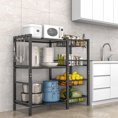 Storage Rack Kitchen Baker's Rack, 3 Tiers 4 Baskets, Utility Coffee Bar, Air Fryer Stand with Steel Mesh Baskets, (Black)