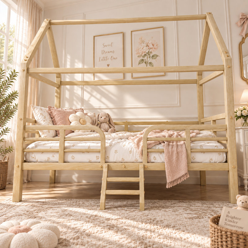 Lit cabane Montessori Ines Twin avec cadre en acier imitation bois, barrières de sécurité, échelle d'accès et trousse anti-basculement