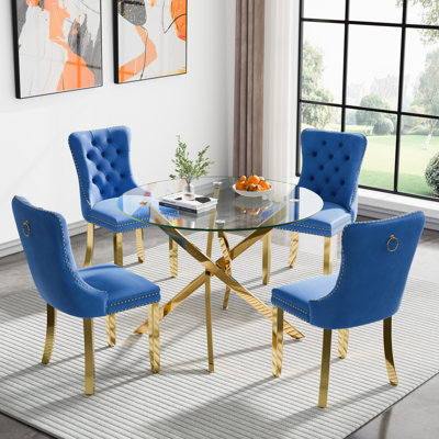 36" Glass Dining Room Table Set for 4, 5-Piece Round Kitchen Dining Table Set with Metal Legs and 4 Velvet Upholstered Chairs, Glass Kitchen Table and Chairs Set
