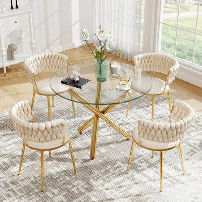Modern Round Tempered Glass Pedestal Dining Set with Weaven Velvet Dininig Chair