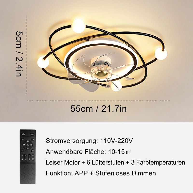 Modern LED Ceiling Light Adjustable Wind Speed, Black