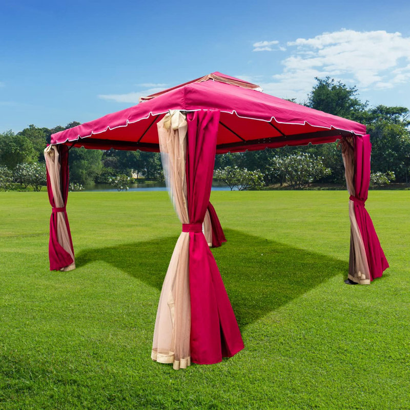 3m x 4m Red Garden Gazebo with Curtains & Mosquito Netting – Heavy-Duty Aluminium Frame, Waterproof Double Roof Patio Canopy