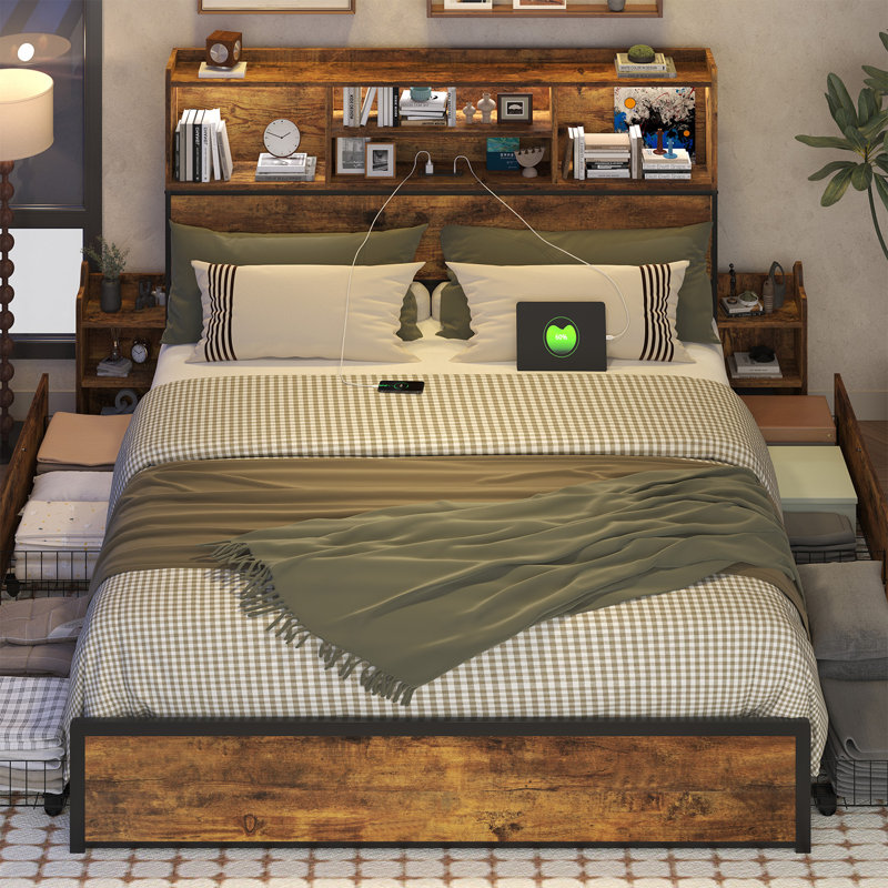 Platform Bed Frame With 4 Under‑Bed Storage Drawers, Storage Headboard With Pull Out Nightstands, Charging Station & Rgb Led Lights, No Box Spring Required