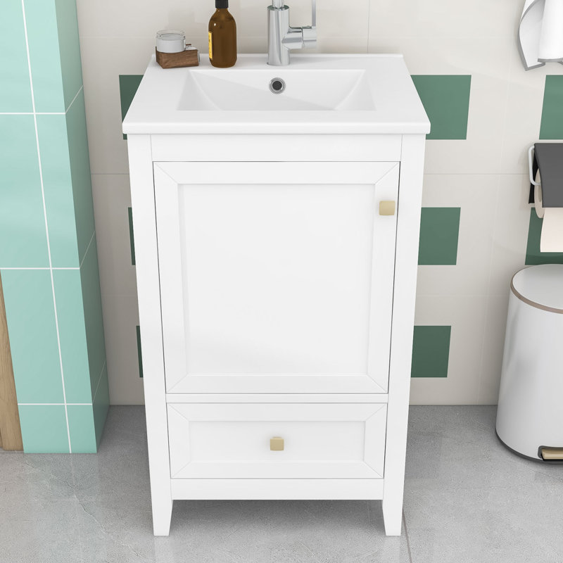 Meuble-lavabo de salle de bain avec lavabo en céramique, armoire à porte à fermeture douce, support de rangement et tiroir