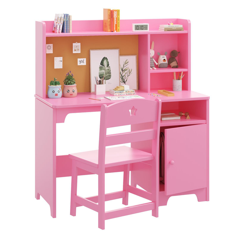 Kids Desk & Chair Set with Hutch, Storage Cabinet for Bedroom & Study Room, Pink