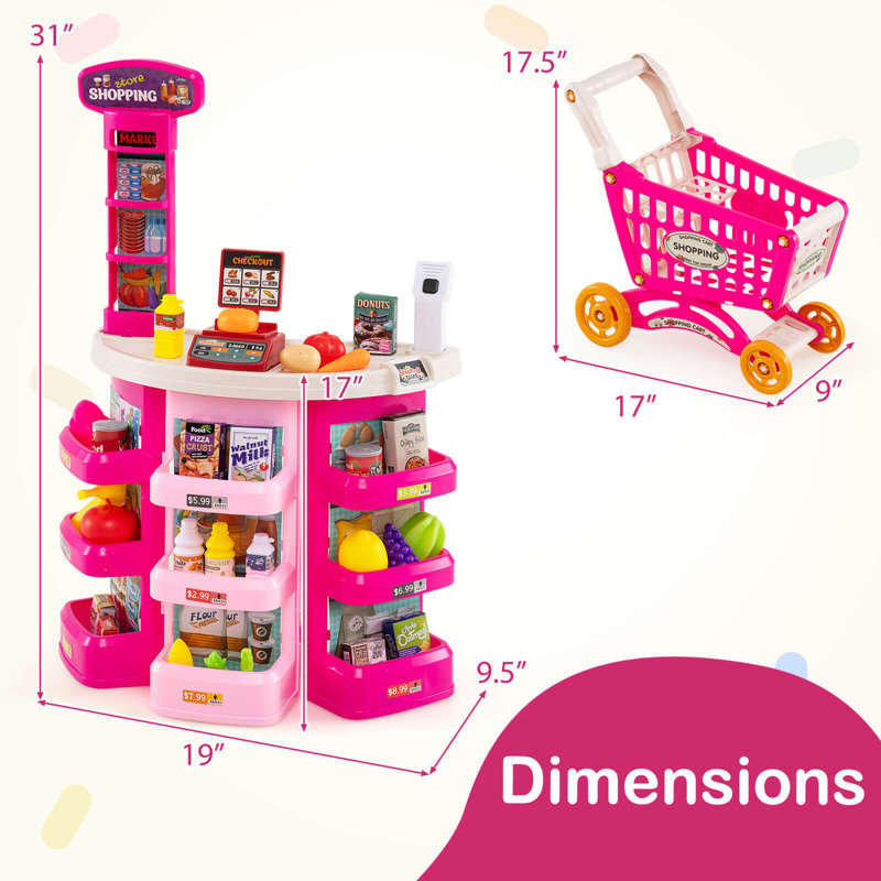 76 PCS Pretend Play Grocery Store Set with Shopping Cart Scale Scanner Light Sound Pink, Pink/Light Pink