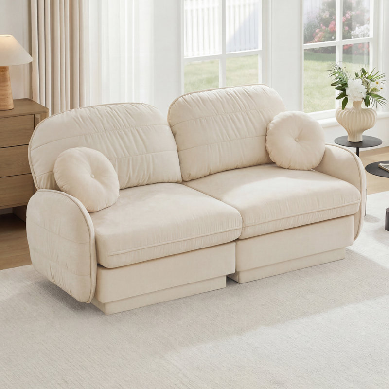 Chenille Cloud Regeani Sofa with Round Pillows, Quilted Back, Deep Seat, Beige crème
