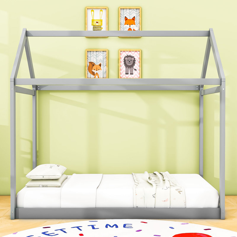 Twin Size Wooden House Bed with Roof, Gris