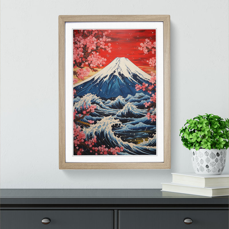 Mount Fuji Symbolism No.2 - Single Picture Frame Print on Wood, Oak , 46cm H x 34cm W x 2cm D
