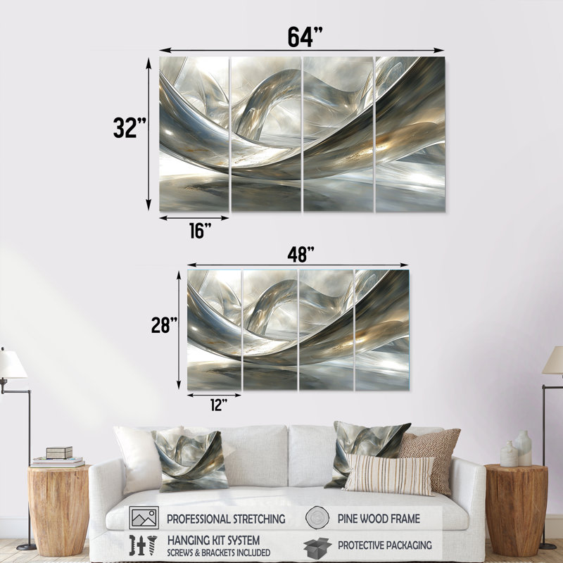 Diamant argenté ruisseaux - art mural vagues pour le salon 4 pièces, H 28 po x l 48 po
