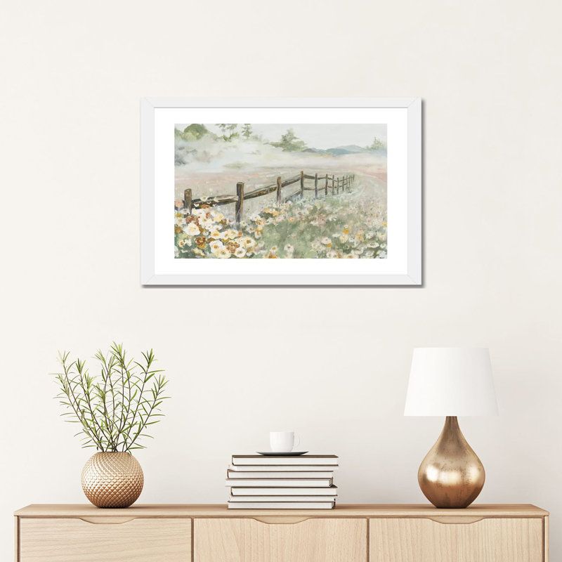« Clôture avec fleurs » par Patricia Pinto, reproduction d’art, H 24 po x l 16 po x P 1 po, Papier encadré blanc, Blanc