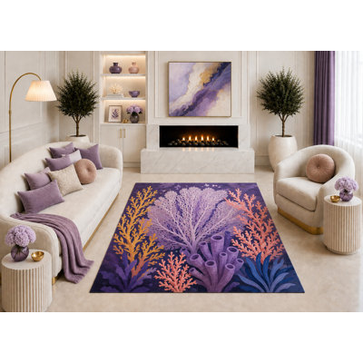Tapis de corail mauve «Ultra Léger» 5 pi x 7 pi, art botanique côtier coloré pour le salon, la plage et la maison, envers en silicone antidérapant