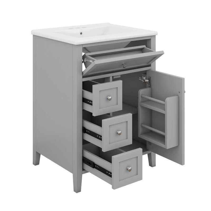 Ensemble de meuble-lavabo 24 po avec lavabo, meuble de rangement pour salle de bain avec 3 tiroirs et un tiroir basculant, tablettes réglables, porte d'armoire à fermeture en douceur