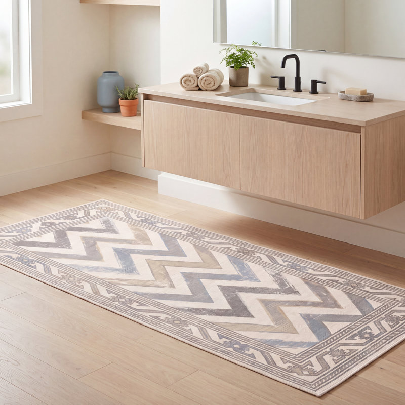 Tapis Fenwick moderne à rayures effet pinceau, bleu, gris et beige, lavable à la machine, antidérapant, à poils courts, pour intérieur et extérieur, adapté aux animaux domestiques, idéal pour le salon, la chambre, la salle à manger, l'entrée, le corridor ou le bureau.