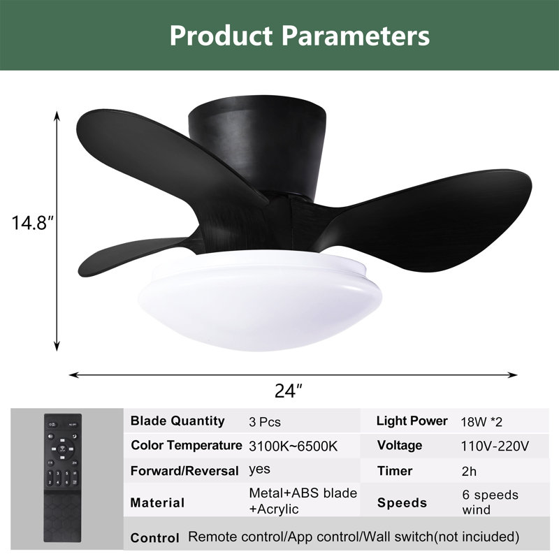 Petit ventilateur de plafond 24 po en noyer avec lumières et télécommande DEL 18W Moderne Ventilateur de plafond encastré couleur réglable, ventilateur de plafond à profil bas DC