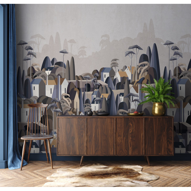 Papier peint mural Moody Village, Bleu, L 110,04 po x l 204 po