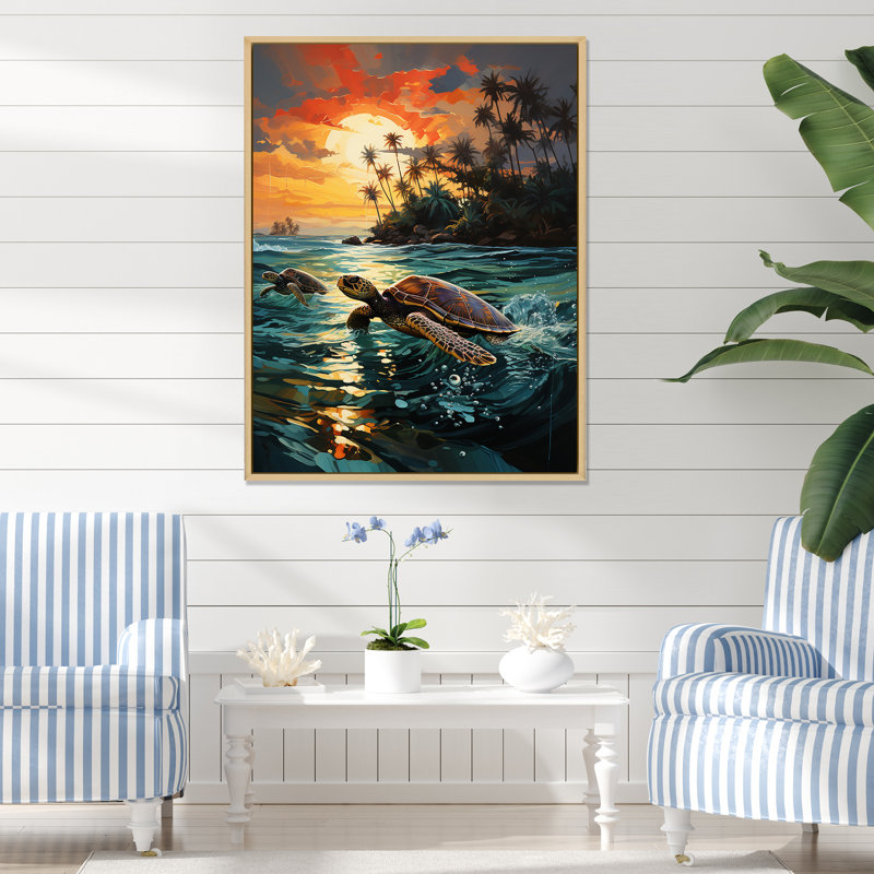 Dreamy Tropical Sunset Turtle Beach I - Tortue, art mural animal, H 40 po x l 30 po x P 1,5 po, Cadre flottant brun