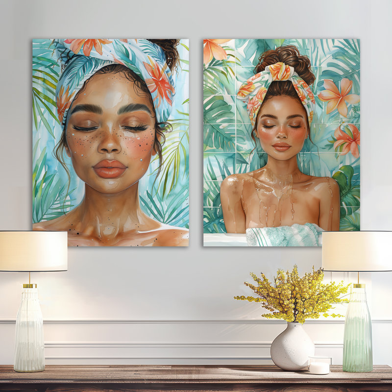Rose et bleu, femme en salle de bain II - Orange Spa, ensemble de 2 décorations murales en métal, 32" H x 48" W