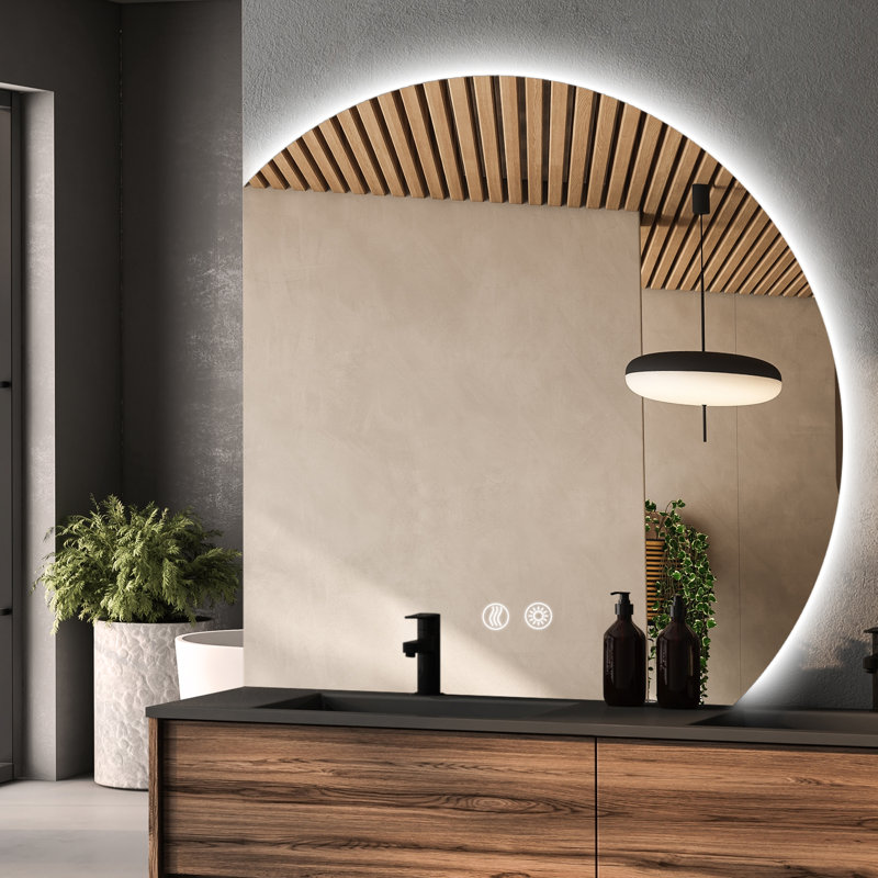 Wall Mounted Dimmable Semicircular LED Mirror Anti-Fog Backlit Lighted Bathroom Vanity Mirror, 32" x 32"