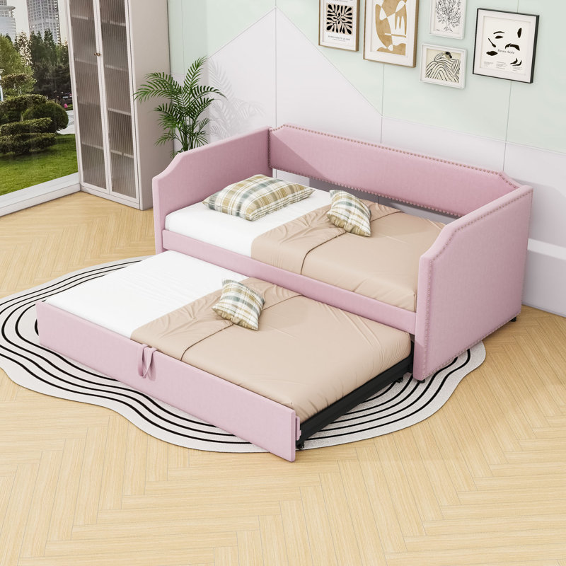 Upholstered Daybed with Trundle, Pink