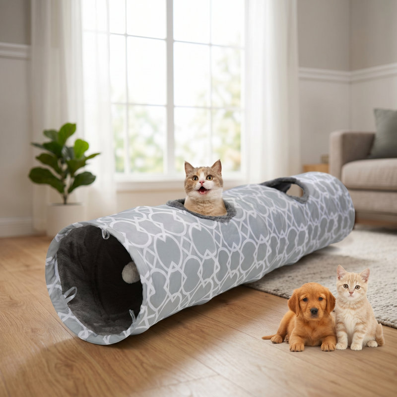 Tunnel géométrique pour chat avec intérieur moelleux, pliable, avec boules, 9,8 po de diamètre, pour lapins, chatons, furets, chiots