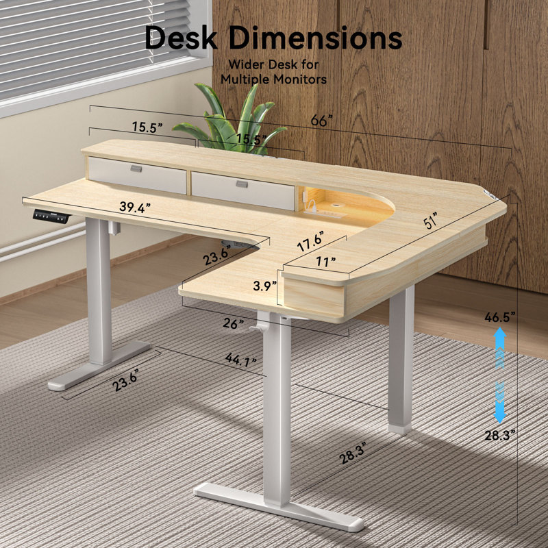  Bureau en L de 66 po à hauteur réglable avec prises de courant et 3 tiroirs, Beige / Blanc
