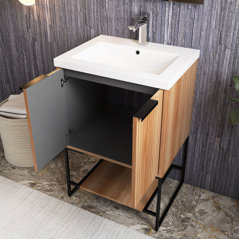 Selliah 24" Single Sink Freestanding Bathroom Vanity with Top, Maple, Black