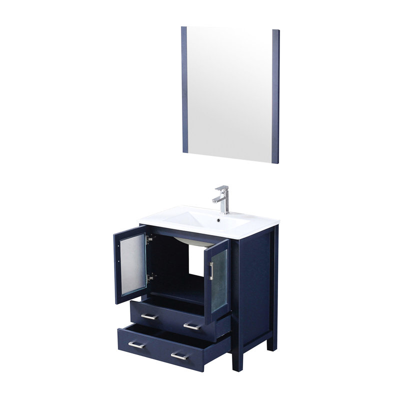 Bleu marine, 30 po W, meuble-lavabo, plateau en céramique blanche, robinet à un trou, poignée de miroir ovale encadrée à fixation murale 28 po