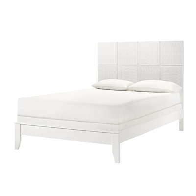 1Pc Queen Bed, Textured Front, Geometric Paneling Headboard, White Finish, Contemporary Style, Wood Bed Frame, Bedroom Size Crisp