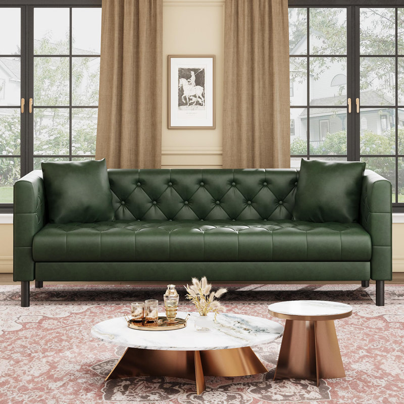 81" Leather Couch, Handmade Button Tufted 3 Seater Sofa, Chesterfield Sofa with Deep Seat, Green